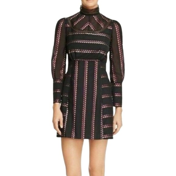 NWT Sandro Sibel Floral Jacquard Mini Dress Lace Mock Neck Metallic Size 1 Small - Picture 1 of 14